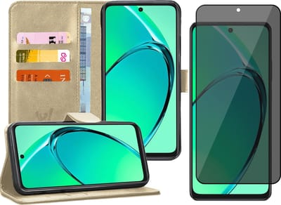 Hoesje geschikt voor Oppo A40 / A40m / A60 - Privacy Screenprotector Volledig Dekkend Glas - Portemonnee Book Case Goud