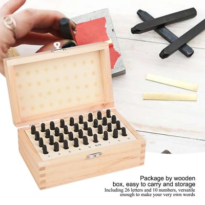 Jeu de 36 pièces de poinçons en acier de 5 mm pour lettres et chiffres, tampon alphabet, matrice, coffret en bois 4mm white