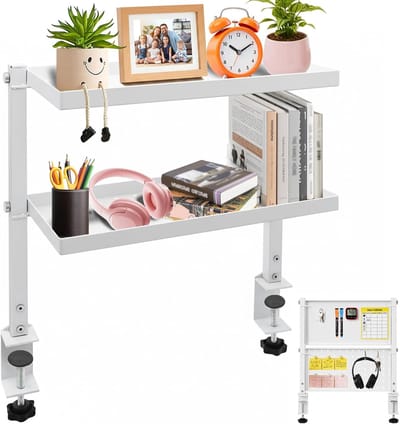 Bureaurek met 2 niveaus - Bureau organizer - Thuiswerk optimalisatie - Boorvrije klemmontage - 38x18x47 cm - Wit