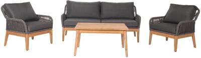 Tuinset MCW-H56b, loungeset tuin loungebank fauteuil tafel, rope wicker Touwhout acacia ~ donkergrijs