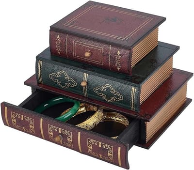 3-Tier Vintage Decoratieve Boekendoos voor Sieraden en Ambachten, Antieke Houten Opslag voor Thuis, Café en Hotel, 8,3 x 5,9 x 5,7 cm