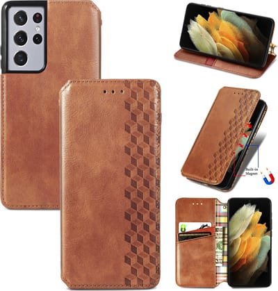 Luxe PU Lederen Ruitpatroon Wallet Case + PMMA Screenprotector voor Galaxy S21 Ultra 5G _ Bruin