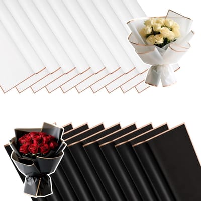 Minimalistisch Wit en Zwart Papieren Boeket van 20 Stuks, 58 x 58 cm, Waterdicht Cadeaupapier met Gouden Rand voor Bloemen en Cadeaus