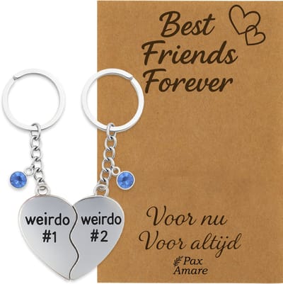 BFF Sleutelhanger voor 2 'Best Friends Forever' - Weirdo's Hartje - Sleutelhangers op Cadeau Kaartje - Zilverkleurig - Vriendschap Symbool - Pax Amare