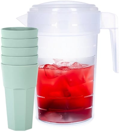 Plasticforte Waterkan van 2 Liter - transparant - kunststof - met 5x stuks onbreekbare drinkglazen - groen - 600 ml
