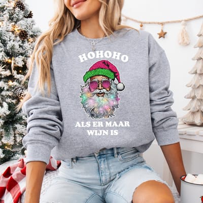 Grijze Kersttrui Hohoho Als er maar wijn is- maat S- Foute kersttrui- kerstmis- kerstborrel.