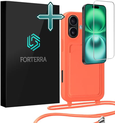 Hoesje Geschikt voor iPhone 16 Plus Pashouder Case Siliconen Hoes Met Koord Met Screenprotector - Hoes Geschikt voor iPhone 16 Plus Met Telefoonkoord Hoesje Back Cover Met Pasjeshouder - Papaya