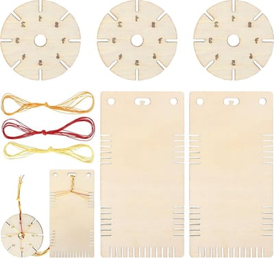 5 Stuks Houten Ster Knopen, 3 Ronde en 2 Vierkante Braid Schijven met 3 Borduurdraden, Perfect voor DIY Armbanden en Creatieve Geschenken voor Verjaardagen en Feestdagen