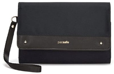 Pacsafe Clutch - 11.5 x 16.8 x 2.5 cm - Portemonnee - RFID-beveiligd - Veel Opbergruimte - Lichtgewicht - Inclusief Polsbandje - Zwart