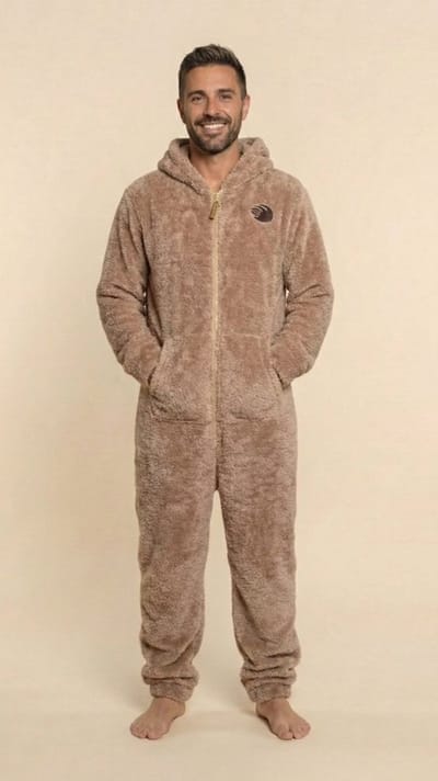 Heren Knuffle Fleece Onesie® | Warme onesie huispak jumpsuit voor mannen | Superzacht & comfortabel | Premium kwaliteit | Duurzaam & CO₂-neutraal geproduceerd in Portugal | Beige maat S
