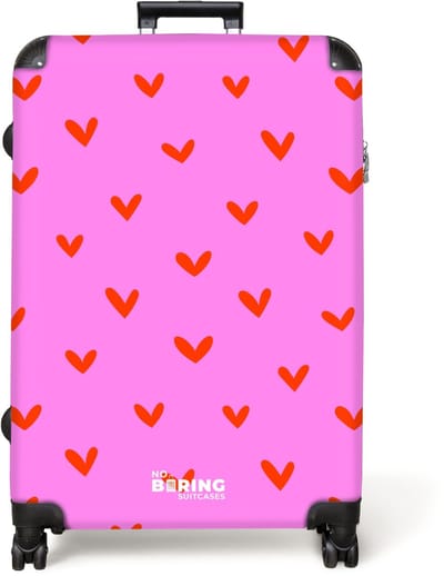 NoBoringSuitcases.com® - Koffer groot - Reiskoffer lichtgewicht - Herhalend hartjespatroon op roze achtergrond - Rolkoffer met 4 wielen - Grote trolley XL - 98 liter bagage