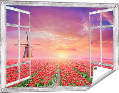 Gards Tuinposter Doorkijk Rode Rozen Bloemenveld met een Windmolen - 90x60 cm - Tuindoek - Tuindecoratie - Wanddecoratie buiten - Tuinschilderij