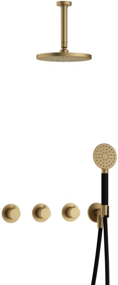Hotbath Cobber - CB7067 - Inbouw Regendoucheset - Geborsteld Messing - 2 Stopkranen - Thermostatisch - Plafondbuis 15 cm - Hoofddouche 200 mm - Ronde Handdouche 3 Standen - Waterbesparend