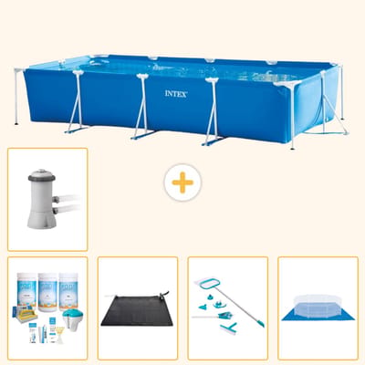 Intex Rechthoekig Frame Zwembad - 450 x 220 x 84 cm - Blauw - Inclusief Onderhoudspakket - Solar Mat - Schoonmaakset - Grondzeil - Zwembadfilterpomp - 6-delig