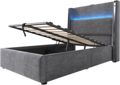 COVREO Bedframe met hoog hoofdbord – 90x200 cm – Eenpersoons opbergbed met LED – Bed met USB en Type-C – Grijs - zonder matras