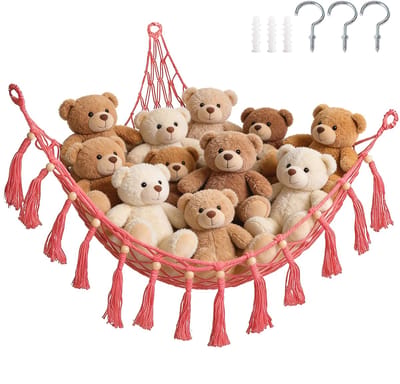 Handgeweven hangmat - 100*100*120 cm - Geweven opbergnet voor knuffels - Driehoekig net - Hoeknet - Opberghangmat - Geschikt voor hoeken - Geschikt voor babykamers en slaapkamers - Opbergnet voor speelgoed - Inclusief bevestigingsmateriaal