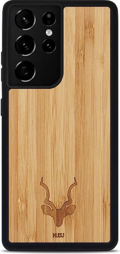 Kudu Samsung Galaxy S21 Ultra hoesje case - Houten backcover - Handgemaakt en afgewerkt met duurzaam TPU - Bamboe - Zwart