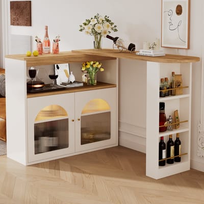 Sweiko Bar Tafel (138-193) X39X105CM, Moderne uitbreidbare bar tafel met opbergruimte, Uitbreidbare eettafel, kleine bar tafel, draaibaar, geschikt voor restaurants, met 1m lange LED strip (verstelbare kleur), Wit en natuurlijk