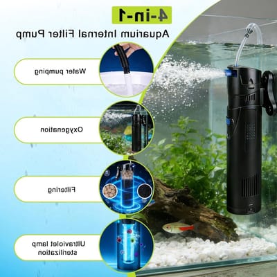 4-in-1 aquariumfilter met UV-lamp, 700 l/u, geschikt voor 150-300 liter aquaria, inclusief skimmer en filtermateriaal