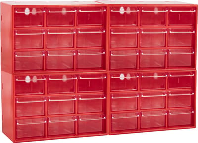 Plasticforte Sorteerbakjes spijkers/schroeven - 36x lades - 18.5 x 10 x 12 cm - opbergkastjes - ophangbaar - rood/transparant