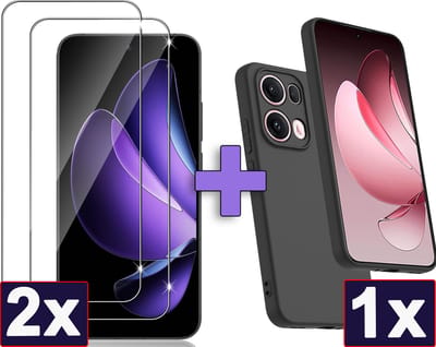 Casemania Hoesje & Glas Geschikt voor Oppo Reno 13 Pro - Zwart & 2x Glazen Screenprotector - Siliconen Back Cover