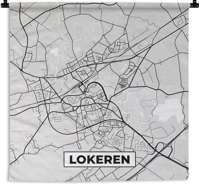 Wandkleed - Wanddoek - België – Lokeren – Stadskaart – Kaart – Zwart Wit – Plattegrond - 180x180 cm - Wandtapijt