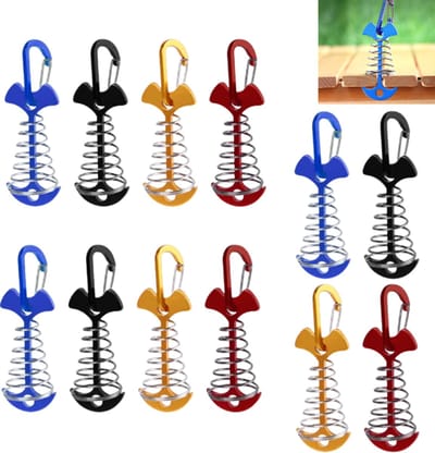 12 stuks - Verlengde, veerbelaste grondpinnen - Verstelbare grondpinnen- Draagbare, windbestendige grondankers - Tentgrondpinnen - Goud, zwart, blauw, rood - 77*36 mm - Met karabijnhaak - Geschikt voor campingterrassen,buitenluifels