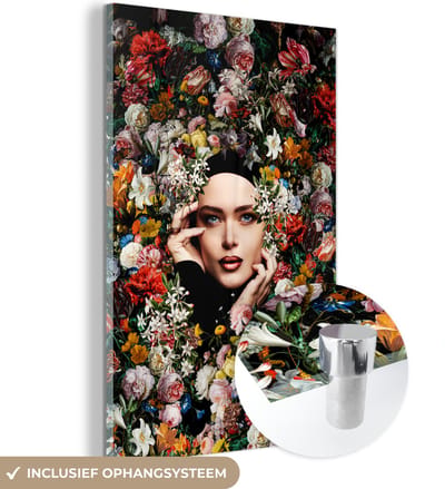 MuchoWow® Glasschilderij 40x60 cm - Schilderij acrylglas - Bloem - Vrouwen - Portret - Botanisch - Foto op glas - Schilderijen
