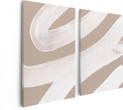 Artaza Canvas Schilderij Tweeluik Abstracte Kunst - Witte Strepen op Beige - 80x60 - Foto Op Canvas - Canvas Print