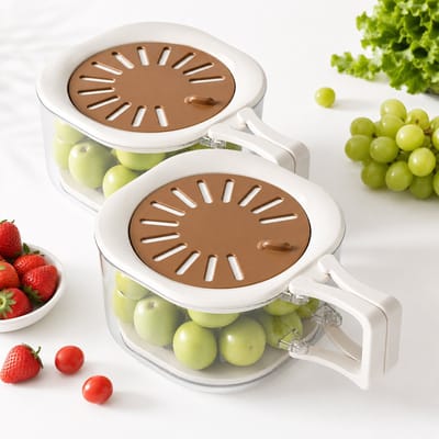 VHV Vershoudbakjes Koelkast 2 Stuks - Fruit Bewaarbakjes met Vergiet - Groente Bewaarbak met Afgietdeksel - Stapelbare Bewaarbakjes 1100 ml - Koelkast Organizer voor Fruit Groenten Snacks - Transparant Wit Bruin