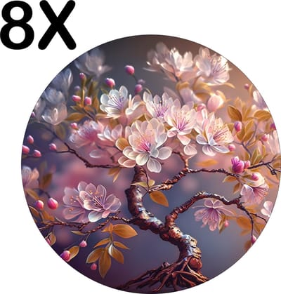 Luxe Ronde Placemat - Kunstige Kersen Bloesem - Set van 8 Placemats - 50x50 cm - 2 mm dik Vinyl - Anti Slip - Afneembaar