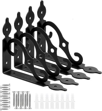 4 Stuks 5 inch Decoratieve Plankbeugels – Zwaar Duty Zwart Metaal, incl. Schroeven, Hoeksteunen Muurbevestigd voor DIY Open Planken & Zwevende Planken