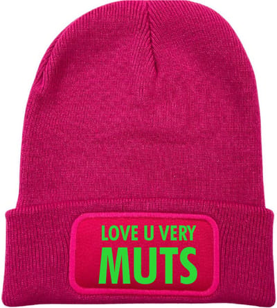 Love u very muts wintermuts fuchsia | fluor groen - soBAD. | Wintersport | Après ski verkleedkleren | Unisex | Heren en Dames Beanie