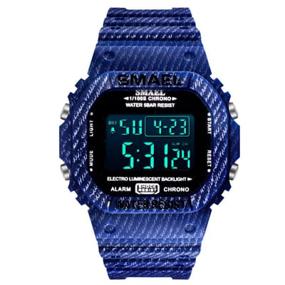 Digitaal Shockbestendig Heren Horloge Blauw zwart gestreept | Smael | 1801 | Waterdicht | Glow in dark | Mud Master | Leger ARMY | Licht | Rubberen band | Timer | Eyecatcher | Master| kado