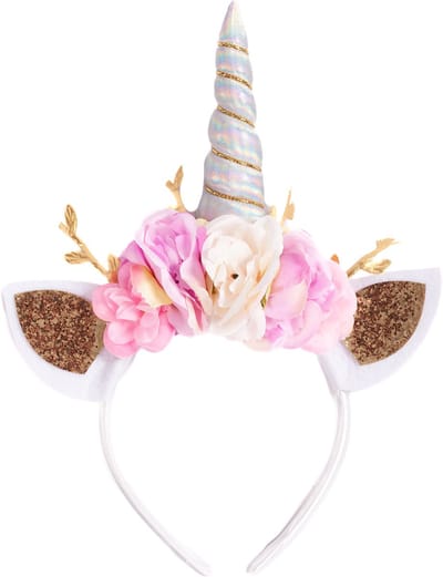 KIMU® Eenhoorn Haarband Blaadjes Iridescent - Unicorn Diadeem Met Oortjes, Bloemetjes En Takjes - Holografische Hoorn Bloemen Gouden Bladeren Festival