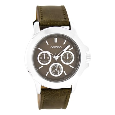 OOZOO Timepieces - Zilverkleurige horloge met donker bruine leren band - C6187