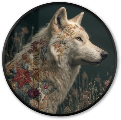 Poster in lijst Rond - Fotolijst 60x60 cm - Posters - Wolf - Bloemen - Natuur - Ronde posterlijst zwart - Decoratie - Wanddecoratie woonkamer - Muurdecoratie slaapkamer