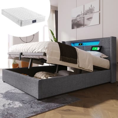 Wishdor Gestoffeerd Tweepersoonsbed 160x200 cm – V-vormig Hoofdbord – LED en USB/Type-C – Gasveer Opbergruimte – Inclusief Matras – Linnen – Grijs