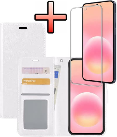 Hoesje - Met Screenprotector - Geschikt voor Samsung Galaxy A57 - Luxe Pasjeshouder - Bookcase Portemonee - Flip Case - Kunstleer Book Case - Flipcase - Book Cover - Walletcase - Portemonneehoes - Wit