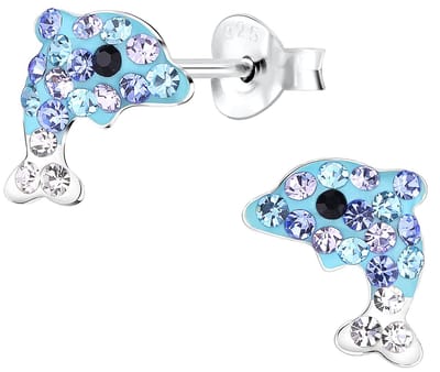 Joy|S - Zilveren Dolfijn oorbellen - 6 x 9 mm - blauw met wit kristal