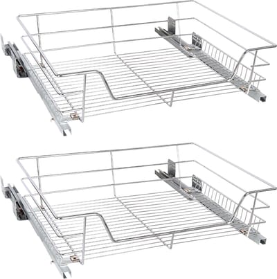 Eleganca draadmand met Ondergeleider en Soft Closing – Keukenkast schuiflade – B 51.5 x H 14 x D 44.5 cm – Uitschuifbaar keukenrek – Inbouwlade – Maximale belastbaarheid 20 kg – RVS – Zilver – 2 Stuks