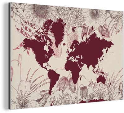 Aluminium schilderij 90x60 cm - Wanddecoratie metaal - Wereldkaart - Rood - Bloemen - Metalen muurdecoratie woonkamer - Decoratie industrieel - Foto op dibond - Industriële accessoires slaapkamer