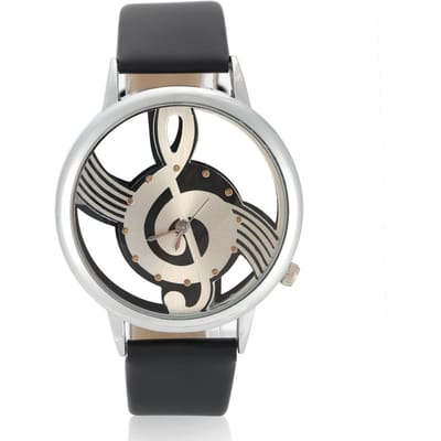 Quartz Analoog Herenhorloge Ronde Holle Wijzerplaat met Muzieknoot PU Band (Zwarte band) gray