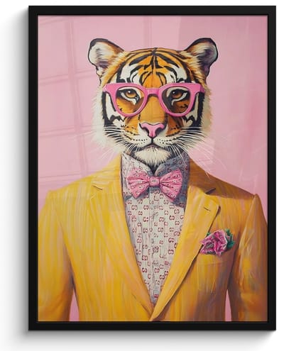Poster in lijst - Fotolijst 60x80 cm - Posters - Tijger - Bril - Geel - Jasje - Posterlijst zwart - Decoratie - Wanddecoratie woonkamer - Muurdecoratie slaapkamer
