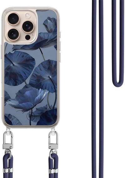 Hoesje met koord geschikt voor iPhone 16 Pro Max - Dusky blooms - Inclusief zwart koord - Crossbody beschermhoes - Transparant, Paars - Mooie Telefoonhoesjes