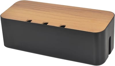 Kabelorganizer en kabelbox met houten deksel - Zwart - Kabelopbergdoos voor thuis en kantoor
