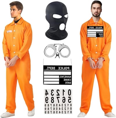 Oranje gevangeniskostuum voor mannen met naamlabel, handboeien en beschermend masker voor carnaval en Halloween cosplay