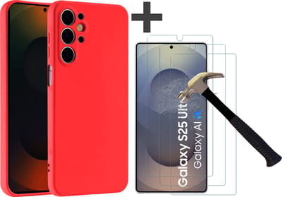 Hoesje geschikt voor Samsung Galaxy S25 Ultra hoesje zacht siliconen met 3 Stuks gehard glas Screenprotectors- Arara backcover - Rood