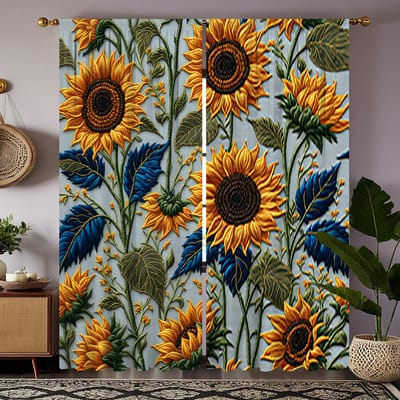 Lot de 2 pièces Rideau décoratif tournesol broderie créative HD Jaune à nouer rideau imprimé numérique Style décoration maison Decorat W52H63inchW132H160cm black