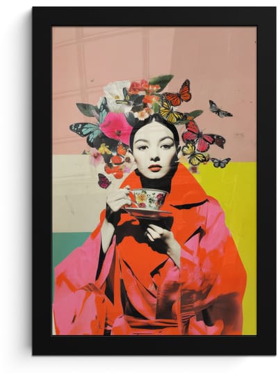 Poster in lijst - Fotolijst 20x30 cm - Posters - Retro - Vrouw - Kopje - Vlinders - Posterlijst zwart - Decoratie - Wanddecoratie woonkamer - Muurdecoratie slaapkamer